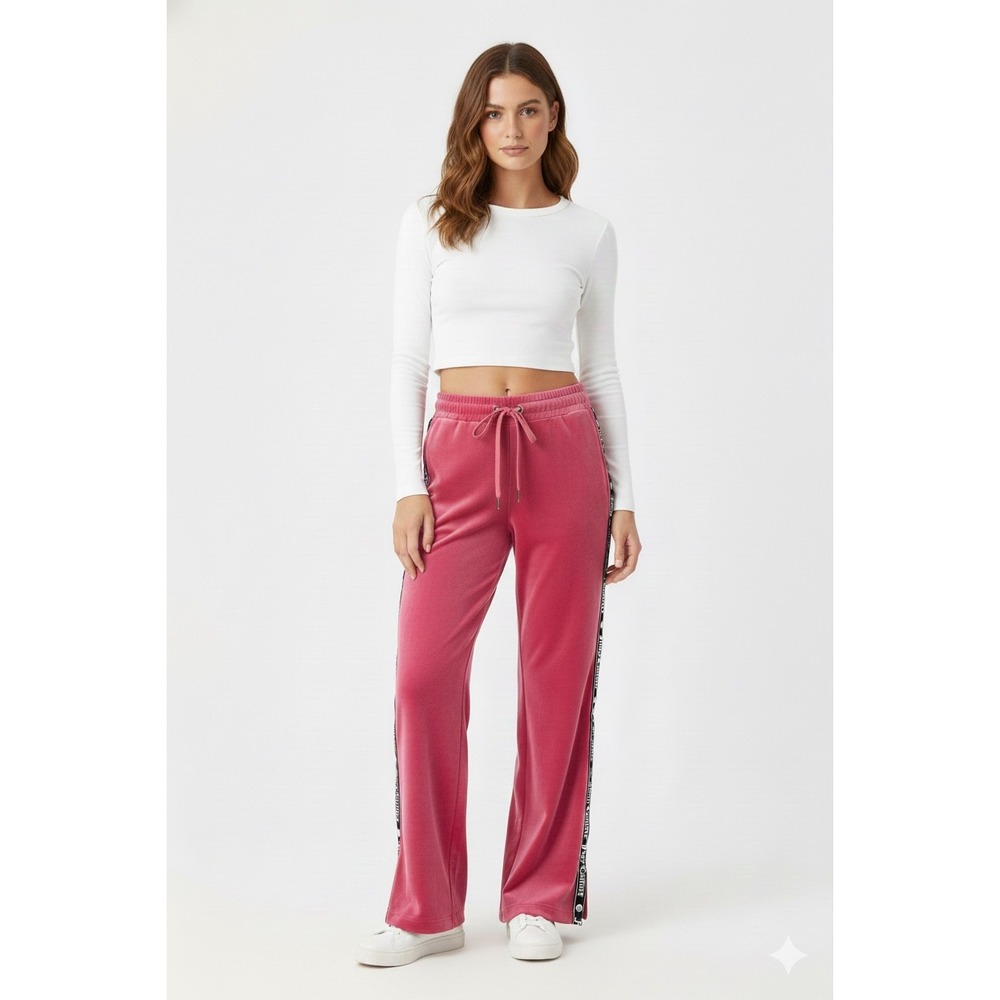 Juicy Couture Pink Velour Track Pants Wide Leg Side Logo Tape Drawstring Sz L